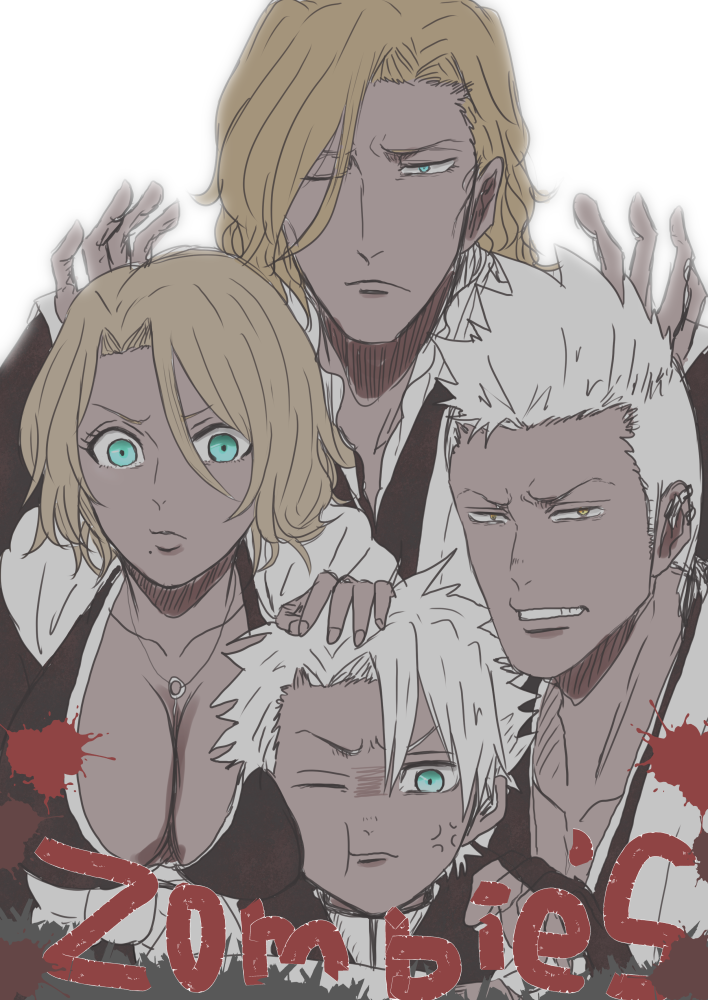 ikuno taso, hitsugaya toushirou, matsumoto rangiku, muguruma kensei, ootoribashi roujuurou, bleach, bleach: sennen kessen-hen, commentary request, 1girl, 3boys, aqua eyes, blonde hair, breasts, cleavage, collarbone, dark-skinned female, dark-skinned male, dark skin, frown, hair over one eye, japanese clothes, jewelry, large breasts, mole, mole under mouth, multiple boys, necklace, official alternate skin color, one eye closed, shihakusho, white hair, yellow eyes, zombie