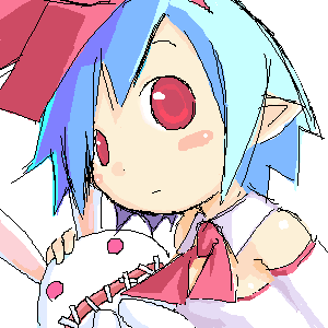 shiba yuusuke, pleinair, usagi-san, nippon ichi, original, lowres, 1girl, bare shoulders, blue hair, female focus, oekaki, pointy ears, rabbit, red eyes, ribbon, short hair, solo, stuffed animal, stuffed rabbit, stuffed toy