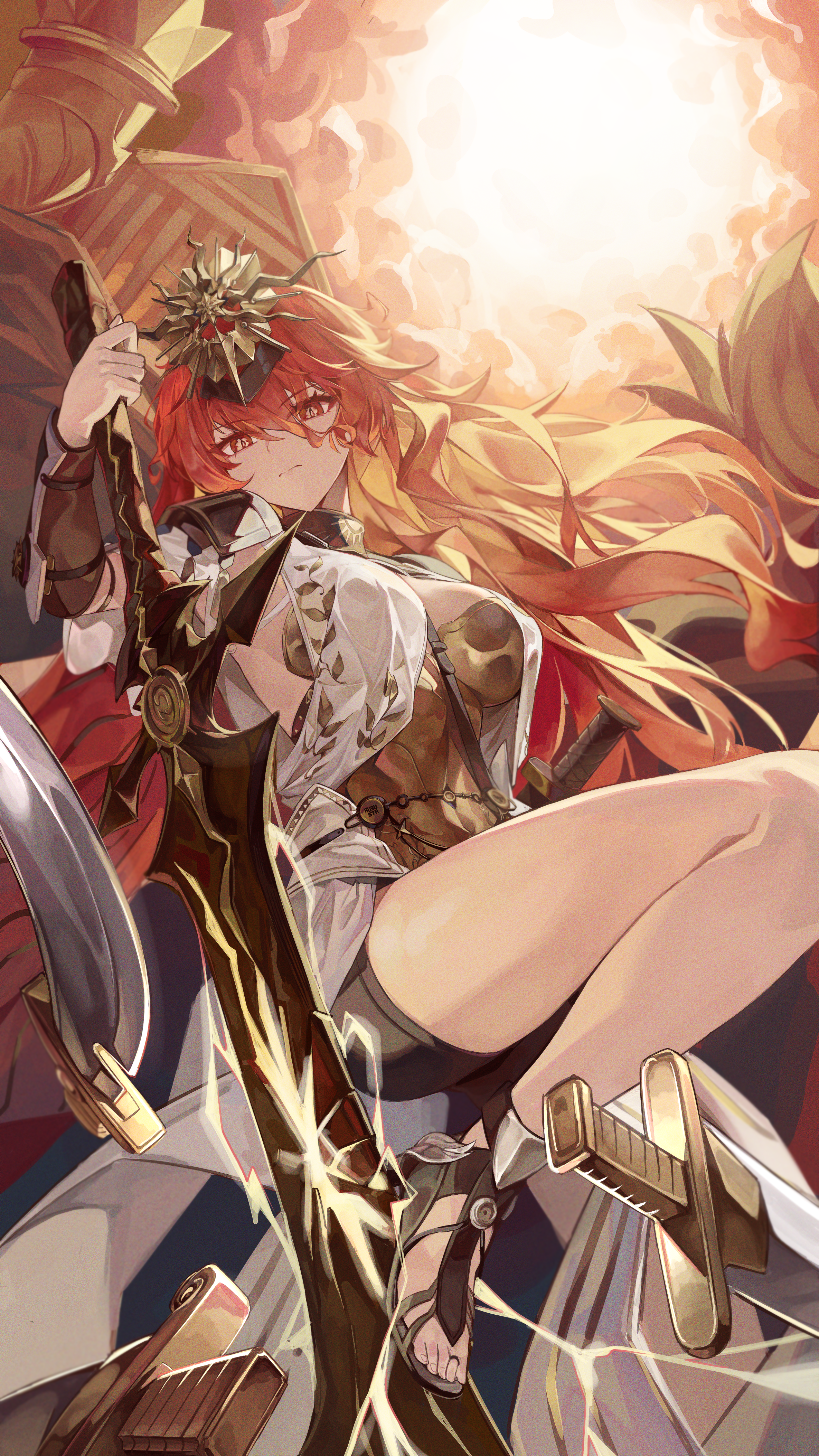 bokk eouh, augusta (wuthering waves), wuthering waves, absurdres, commentary, highres, 1girl, ancient greek clothes, armor, bare legs, black collar, black shorts, breastplate, breasts, closed mouth, collar, dress, greco-roman clothes, hair between eyes, headgear, holding, holding sword, holding weapon, large breasts, legs, long hair, looking at viewer, orange eyes, orange hair, orange theme, sandals, shorts, solo, sun, sword, thighs, weapon, white dress