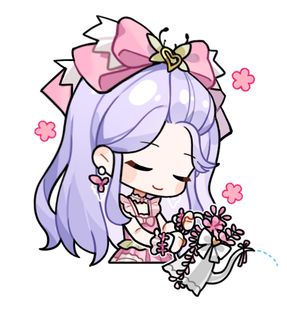 infinity nikki, nikki (series), artist request, non-web source, official art, 1girl, bare shoulders, blush stickers, bow, bowtie, chibi, choker, closed eyes, closed mouth, courtyard flowers (infinity nikki), cropped legs, dress, earrings, flower, flower earrings, frilled choker, frilled dress, frilled wrist cuffs, frills, gem, hair bow, hair ornament, happy, head tilt, heart, heart hair ornament, holding, holding watering can, jewelry, large bow, long hair, parted bangs, pink bow, pink bowtie, pink choker, pink dress, pink flower, pink gemstone, purple hair, sleeveless, sleeveless dress, smile, solo, transparent background, very long hair, watering, watering can, white bow, white wrist cuffs, wrist cuffs, wrist flower
