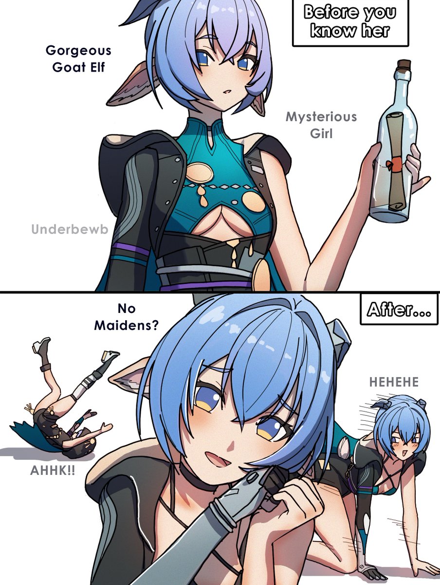 dorahdew, zenless zone zero, highres, 1girl, animal ears, black hoodie, black horns, blue eyes, blue hair, blush, bottle, breasts, cleavage, ear tag, empty bottle, english text, goat ears, goat girl, goat horns, hood, hoodie, horns, lucia elowen, open mouth, short hair, sleeveless, sleeveless turtleneck, small breasts, smile, solo, standing, thrown, tongue, turtleneck, underboob, wine bottle