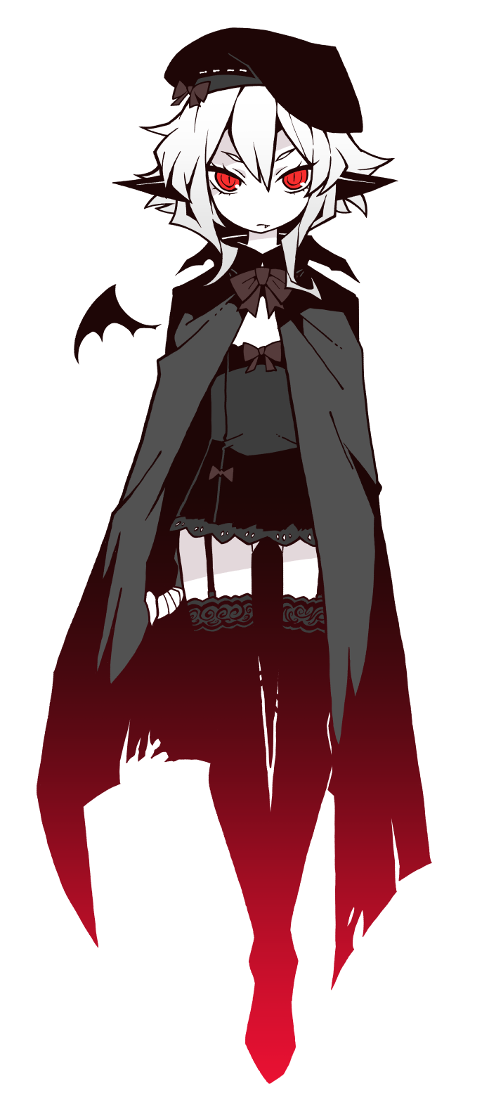 akableak, highres, 1girl, beret, black cloak, black dress, black thighhighs, bow, cloak, dress, dress bow, fang, fang out, full body, garter straps, gluteal fold, hat, high contrast, microdress, pointy ears, red eyes, short hair with long locks, solo, thighhighs, tri fold tale, vampire, white hair