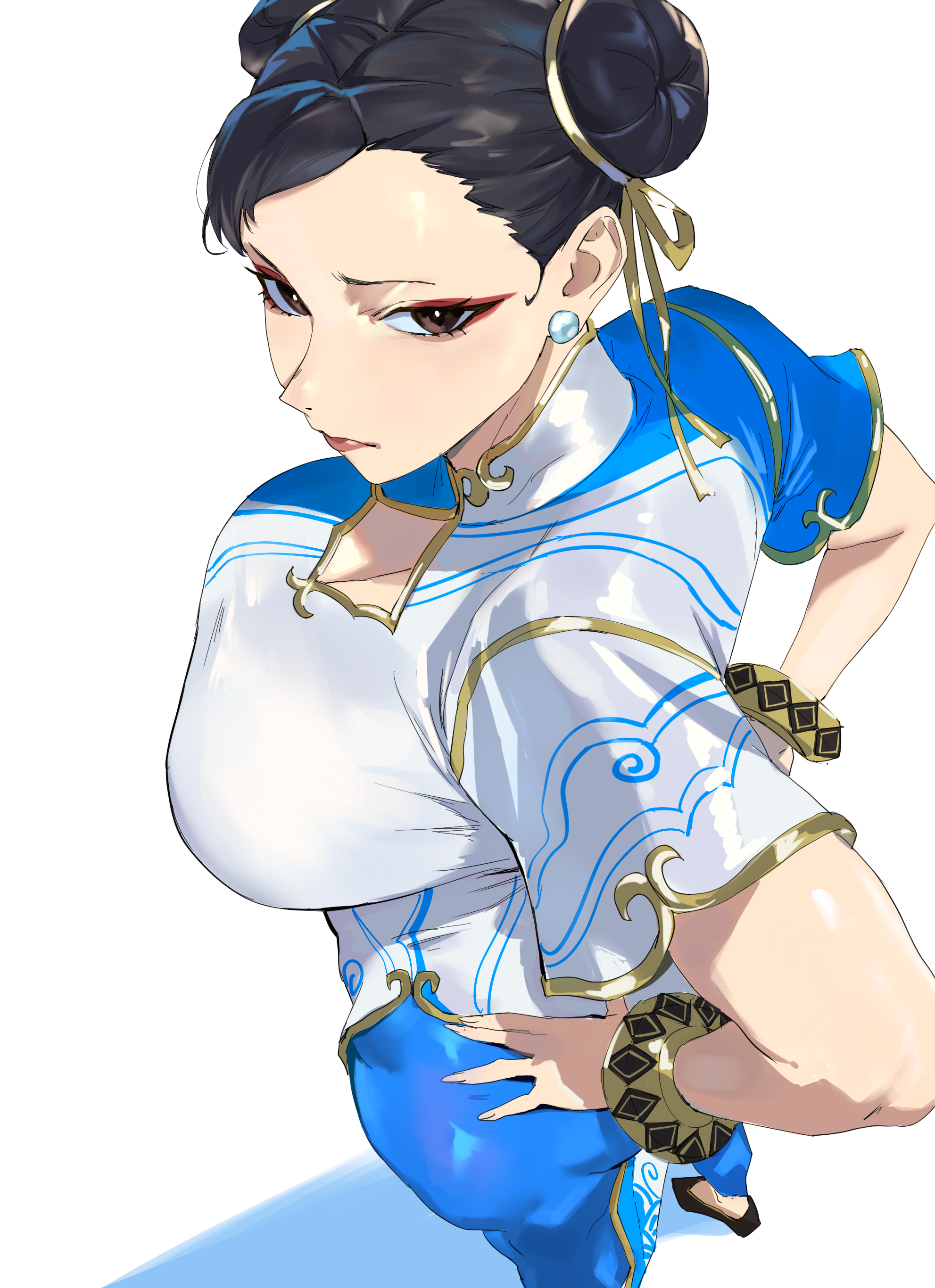 taiyang yu, chun-li, capcom, street fighter, street fighter 6, absurdres, highres, 1girl, black hair, blue dress, blue pants, bracelet, breasts, brown eyes, china dress, chinese clothes, cleavage, cleavage cutout, clothing cutout, double bun, dress, eyeliner, gold trim, hair bun, hair ribbon, jewelry, large breasts, looking at viewer, makeup, medium hair, pants, pelvic curtain, ribbon, short sleeves, solo, thighs