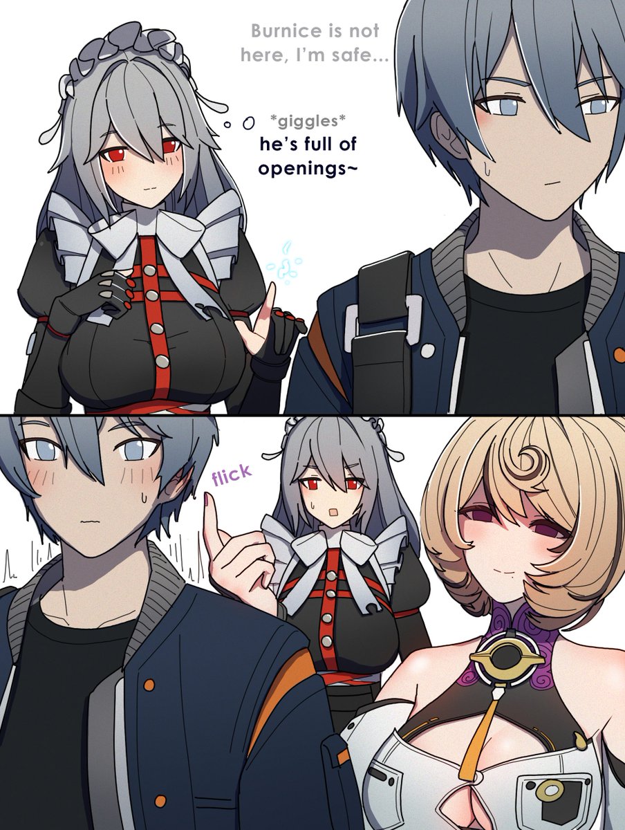 dorahdew, alexandrina sebastiane, wise (zenless zone zero), zenless zone zero, highres, 1boy, 2girls, bag, black bag, black skirt, blue jacket, blush, breasts, cleavage, cleavage cutout, closed mouth, clothing cutout, detached sleeves, english text, grey eyes, grey hair, hair between eyes, jacket, jealous, large breasts, long hair, looking at viewer, maid, maid headdress, monster girl, multiple girls, open mouth, red eyes, scylla, shoulder bag, skirt, sleeveless, sleeveless turtleneck, sweatdrop, turtleneck, very long hair, white background, yidhari murphy