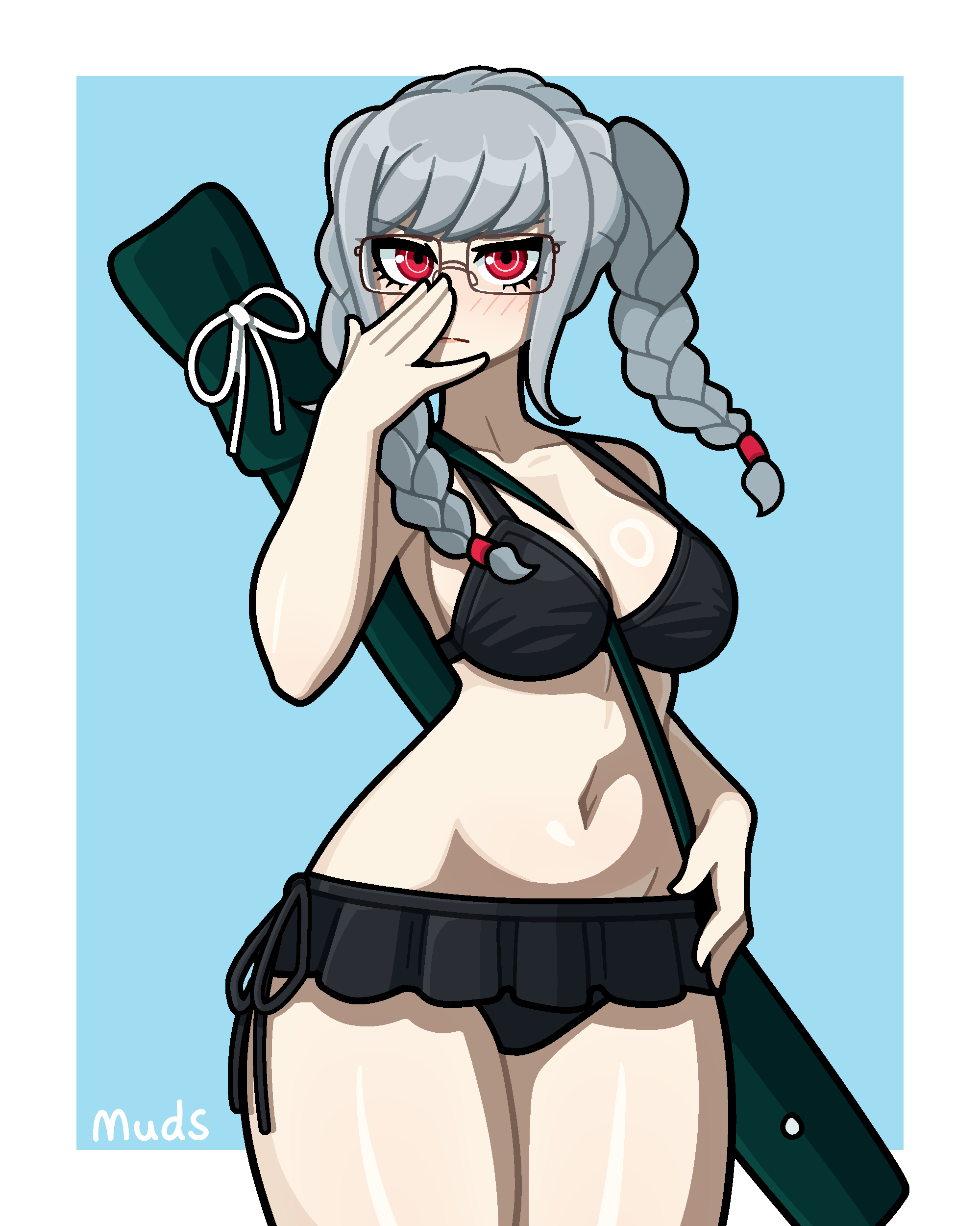 muds, pekoyama peko, danganronpa (series), danganronpa 2: goodbye despair, absurdres, highres, 1girl, adjusting eyewear, artist name, between breasts, bikini, black-framed eyewear, black bikini, blush, braid, breasts, cleavage, closed mouth, collarbone, glasses, grey hair, large breasts, long hair, looking at viewer, navel, rectangular eyewear, red eyes, shiny skin, sidelocks, solo, strap between breasts, swimsuit, twin braids