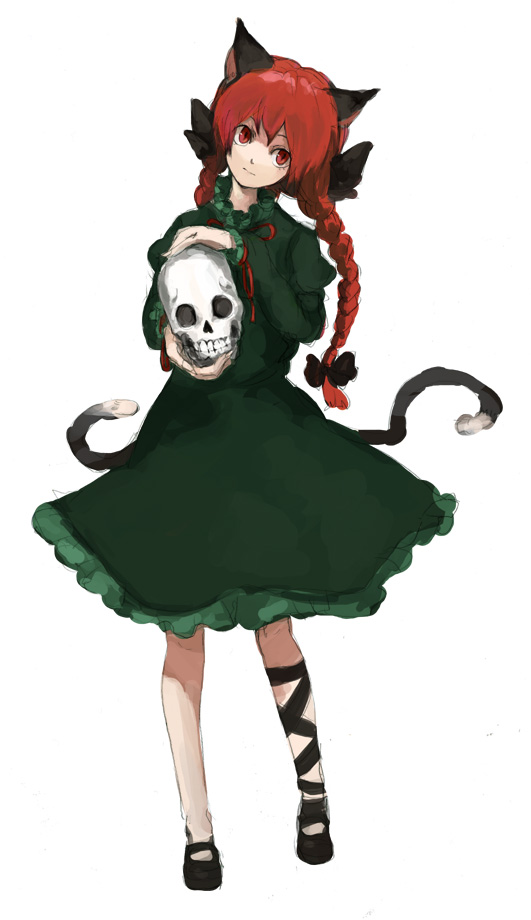 kasa (hitori sanka), kaenbyou rin, touhou, bad id, bad pixiv id, 1girl, braid, female focus, full body, simple background, skull, solo, standing, twin braids, white background