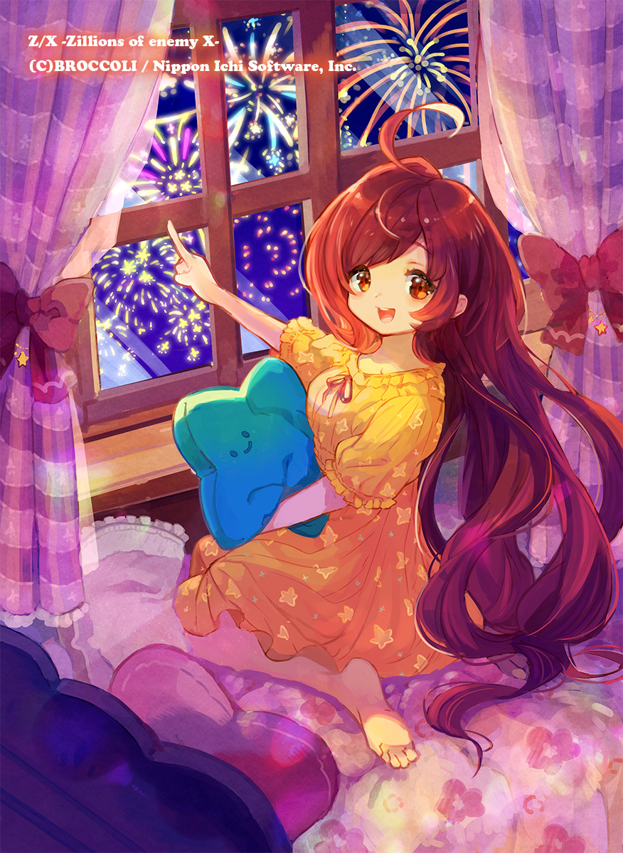 372, z/x, highres, official art, 1girl, aerial fireworks, ahoge, brown eyes, brown hair, copyright notice, curtains, fireworks, holding, holding stuffed toy, huge ahoge, looking at viewer, night, night sky, on bed, open mouth, pajamas, pointing, prism (z/x), sitting, sky, solo, stuffed toy, teeth, upper teeth only, wariza, window, yellow pajamas