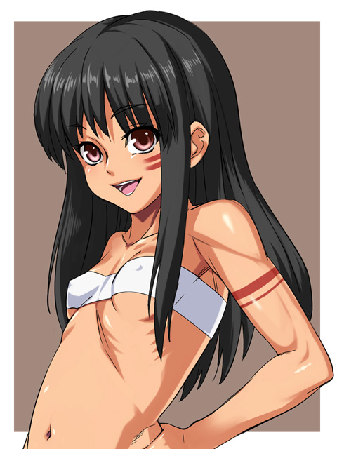 nyamota, bad id, bad pixiv id, 1girl, bandeau, bandeau bikini, black hair, brown eyes, covered erect nipples, dark-skinned female, dark skin, female focus, flat chest, long hair, muscular, navel, nipples, ribs, skinny, solo, standing, strapless, tube top