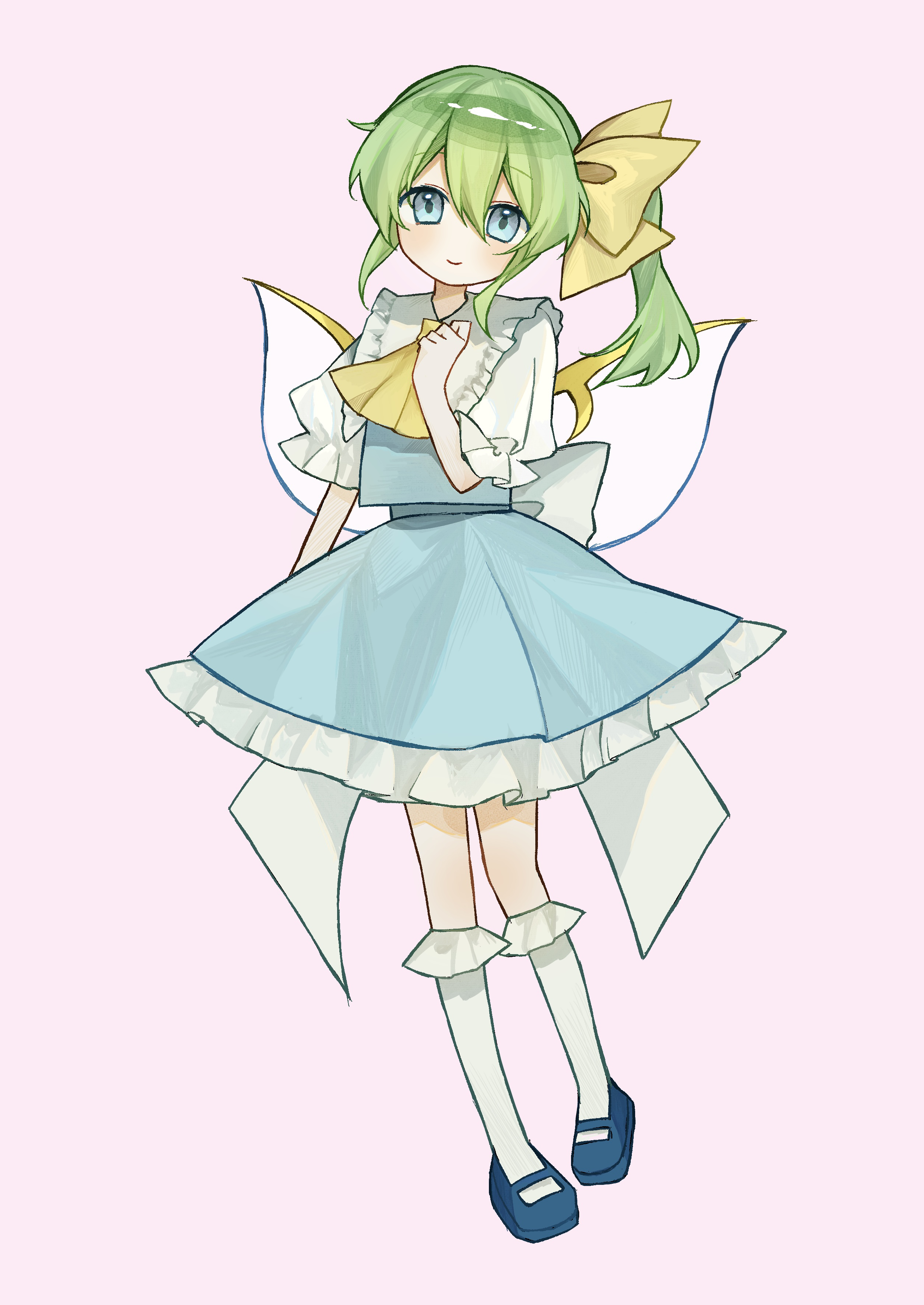 daiyousei, touhou, absurdres, commentary, highres, 1girl, aqua eyes, aqua skirt, aqua vest, ascot, blue shoes, blush, bobby socks, double-parted bangs, fairy, fairy wings, frilled sailor collar, frilled sleeves, frills, full body, green hair, hair between eyes, hair ribbon, kneehighs, long hair, looking at viewer, mary janes, petticoat, pink background, puffy short sleeves, puffy sleeves, ribbon, sailor collar, sakura ame (zfus4245), shirt, shoes, short sleeves, side ponytail, simple background, skirt, smile, socks, solo, vest, white shirt, white socks, wings, yellow ascot, yellow ribbon