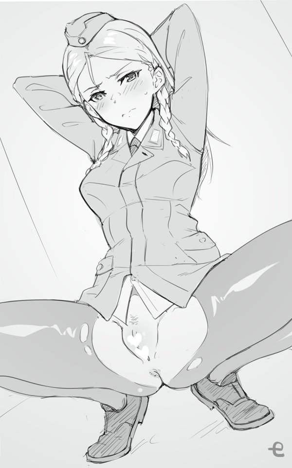 em (totsuzen no hakike), brave witches, world witches series, 1girl, anal, blush, braid, censored, closed mouth, dutch angle, embarrassed, female pubic hair, forehead, hat, jacket, long hair, looking at viewer, military, military hat, military uniform, monochrome, pantyhose, pubic hair, pussy, shoes, solo, spread legs, squatting, sweat, torn clothes, torn pantyhose, twin braids, vesna mikovic
