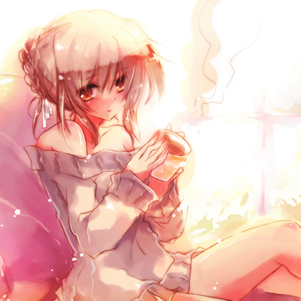 ichiyou moka, original, bare shoulders, blush, braid, brown eyes, brown hair, cup, legs, solo, sweater, tea