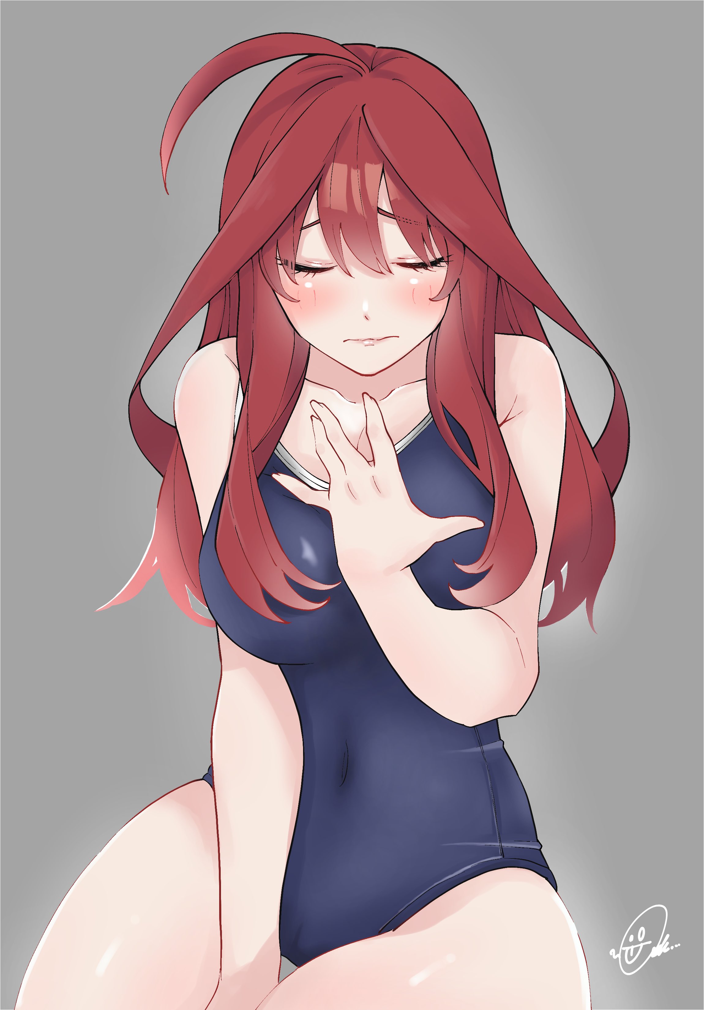 ldeeeeeeeeeejo, nakano itsuki, go-toubun no hanayome, absurdres, highres, 1girl, ahoge, bare shoulders, blue eyes, blue one-piece swimsuit, blush, breasts, closed eyes, closed mouth, collarbone, covered navel, grey background, hair between eyes, hair ornament, hands on own chest, large breasts, long hair, one-piece swimsuit, red hair, school swimsuit, solo, star (symbol), swimsuit