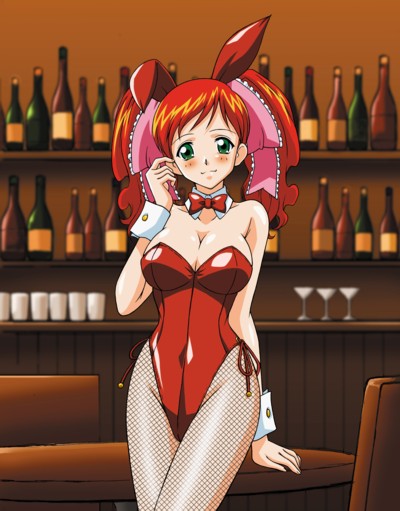 asahina yurina, super real mahjong, md5 mismatch, resolution mismatch, 1girl, animal ears, bar (place), breasts, fake animal ears, female focus, fishnet pantyhose, fishnets, green eyes, long hair, orange hair, pantyhose, playboy bunny, rabbit ears, solo, twintails