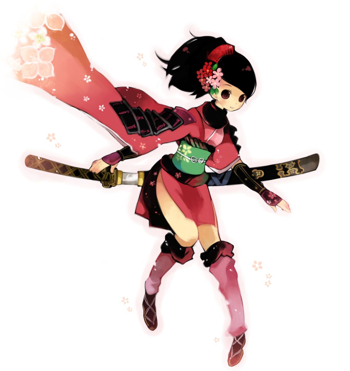 rinju umisu, sumisu (rinsumi), momohime, oboro muramasa, bad id, bad pixiv id, highres, 1girl, armor, black hair, blush, brown eyes, cherry blossoms, comb, female focus, floral print, flower, gauntlets, hair flower, hair ornament, japanese armor, japanese clothes, katana, kimono, kneehighs, kote, kurokote, samurai, sandals, sheath, short kimono, shoulder armor, smile, socks, sode, solo, sword, unsheathing, weapon