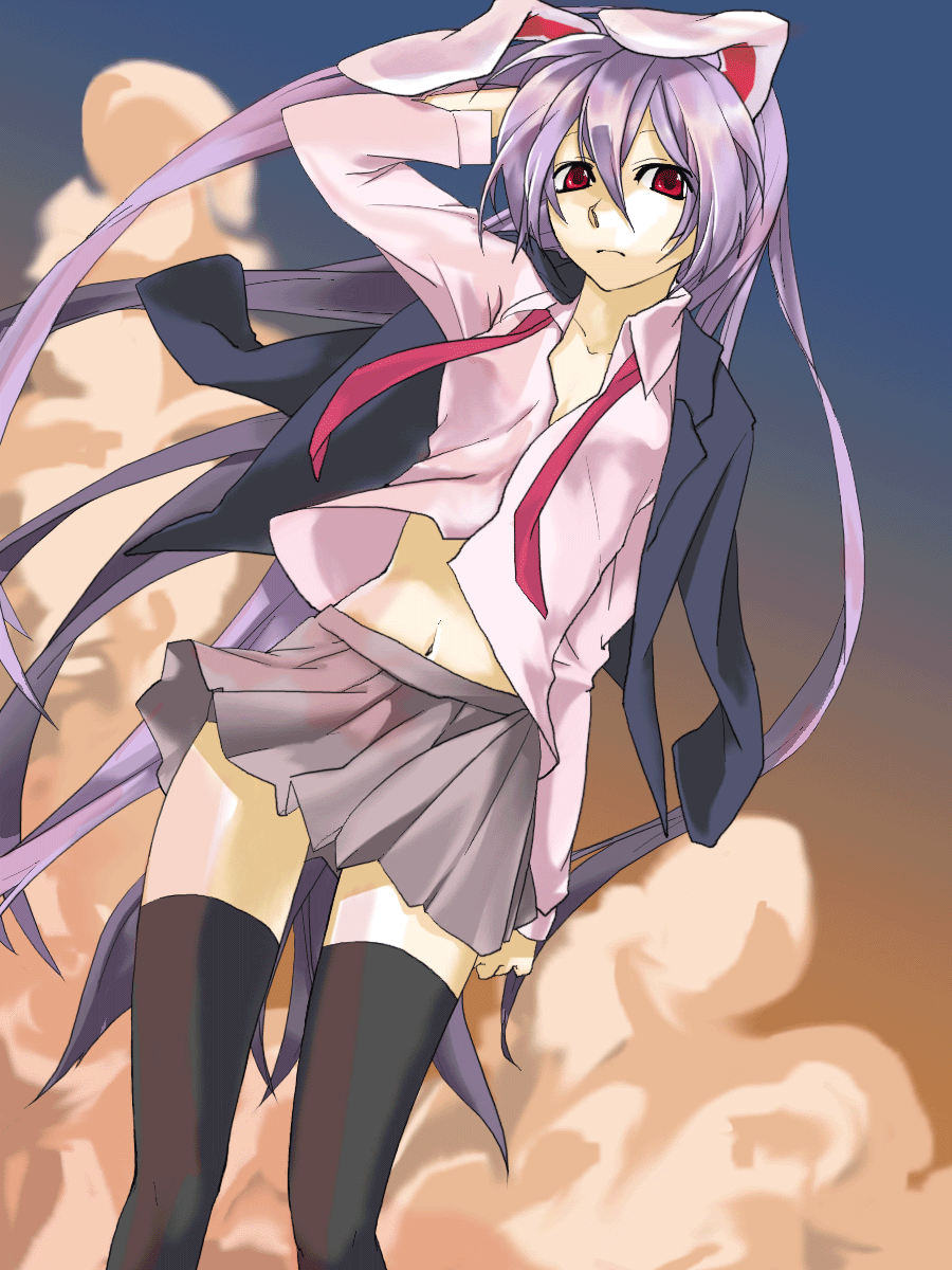 sagizawa, reisen udongein inaba, touhou, bad id, bad pixiv id, highres, 1girl, animal ears, female focus, gradient background, long hair, midriff, navel, necktie, outdoors, purple hair, rabbit ears, red eyes, skirt, sky, solo, thighhighs, very long hair, zettai ryouiki