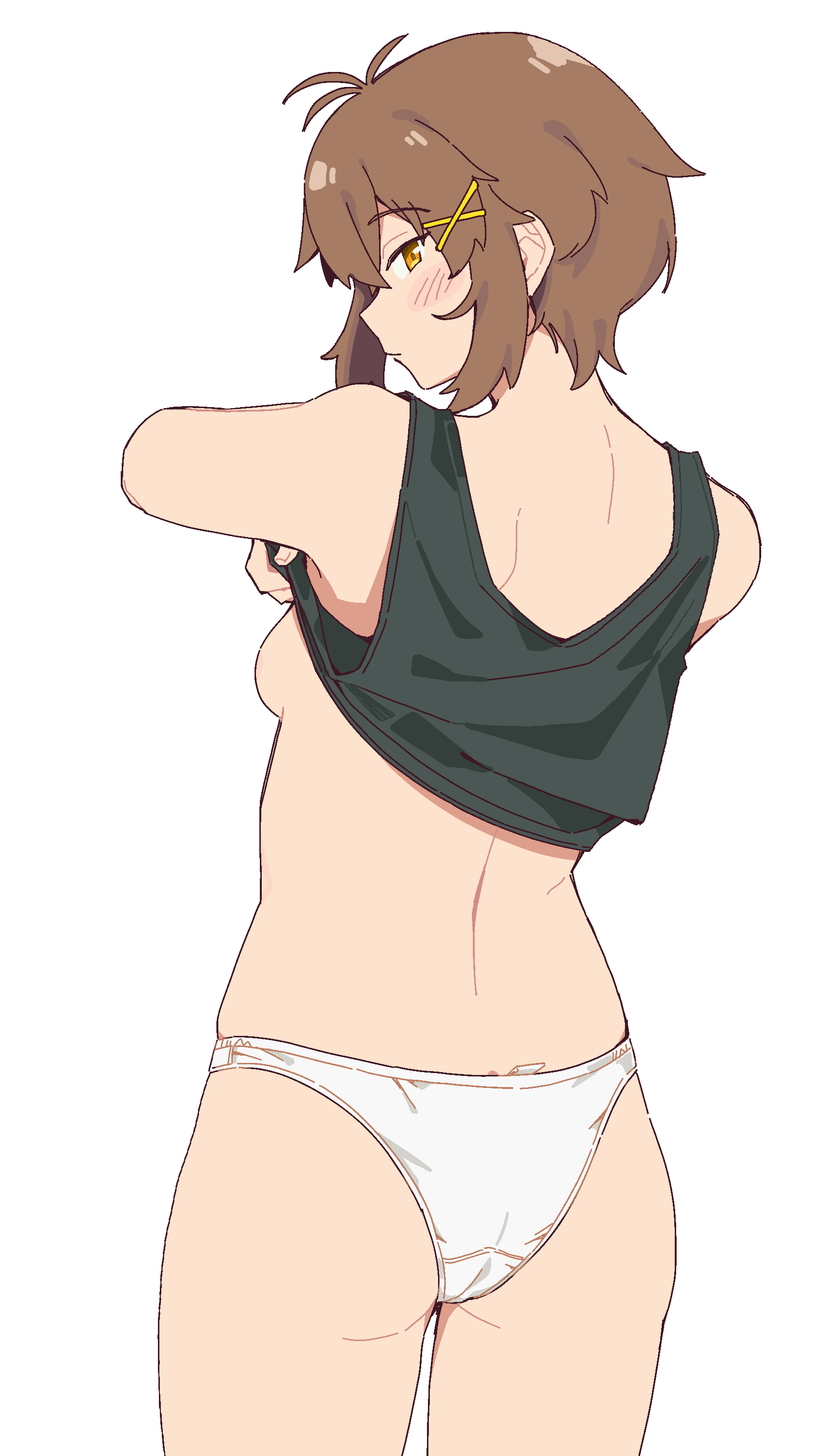 kokuya (kokuya28), fukana miyu (kokuya28), original, absurdres, highres, 1girl, ass, black tank top, blush, breasts, brown eyes, brown hair, closed mouth, clothes lift, cowboy shot, expressionless, from behind, hair ornament, looking at viewer, looking back, panties, shirt lift, short hair, simple background, small breasts, solo, tank top, underwear, white background, white panties, x hair ornament
