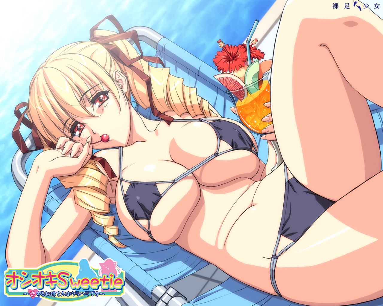 magaki ryouta, shinmeiji rinn, oshioki sweetie, non-web source, 1girl, bikini, black bikini, blonde hair, breasts, chair, cherry, drill hair, drink, female focus, food, fruit, holding, holding food, holding fruit, large breasts, long hair, lounge chair, lying, red eyes, solo, swimsuit, twintails