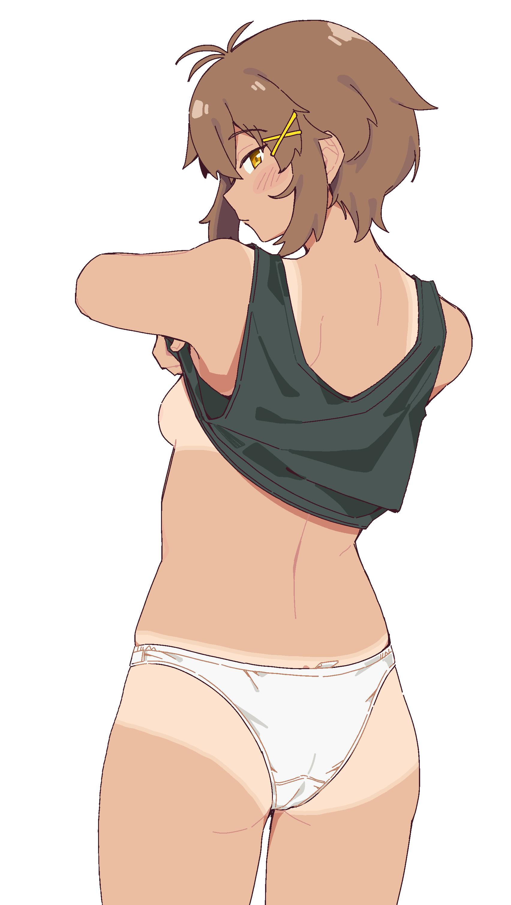 kokuya (kokuya28), fukana miyu (kokuya28), original, absurdres, highres, 1girl, ass, black tank top, blush, breasts, brown eyes, brown hair, closed mouth, clothes lift, cowboy shot, expressionless, from behind, hair ornament, looking at viewer, looking back, panties, shirt lift, short hair, simple background, small breasts, solo, tan, tank top, tanline, underwear, white background, white panties, x hair ornament
