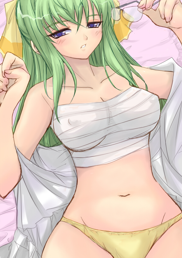 garyou, kannagi itsuki, shimoyama mutsumi, sora wo kakeru shoujo, 00s, 1girl, blue eyes, blue hair, breasts, covered erect nipples, female focus, glasses, green hair, large breasts, long hair, lying, matching hair/eyes, panties, sarashi, solo, underwear