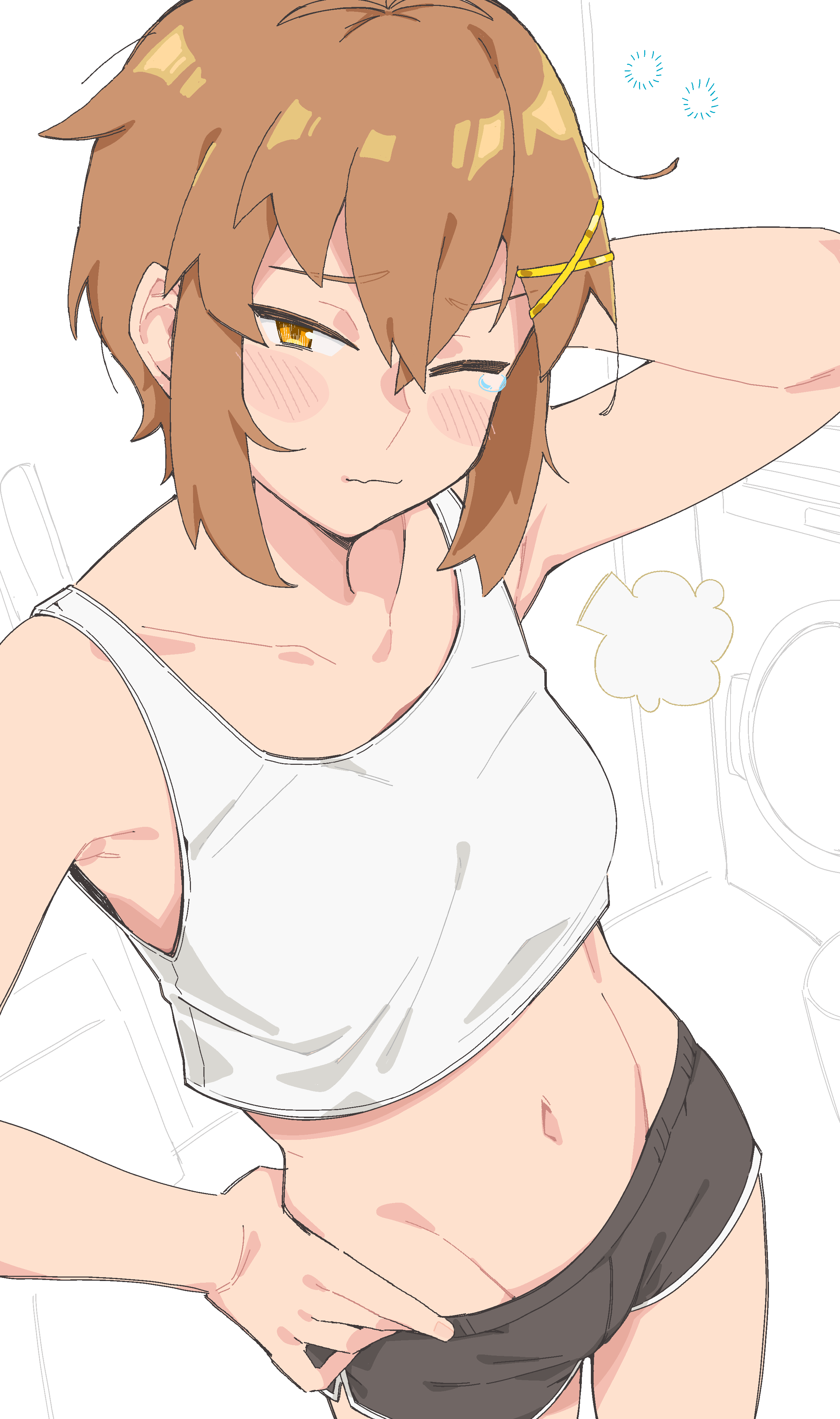 kokuya (kokuya28), fukana miyu (kokuya28), original, absurdres, commentary, highres, 1girl, black shorts, blush, breasts, brown eyes, brown hair, closed mouth, cowboy shot, crop top, dolphin shorts, groin, hair ornament, looking at viewer, midriff, navel, one eye closed, short hair, shorts, small breasts, solo, squeans, tank top, white background, white tank top, x hair ornament