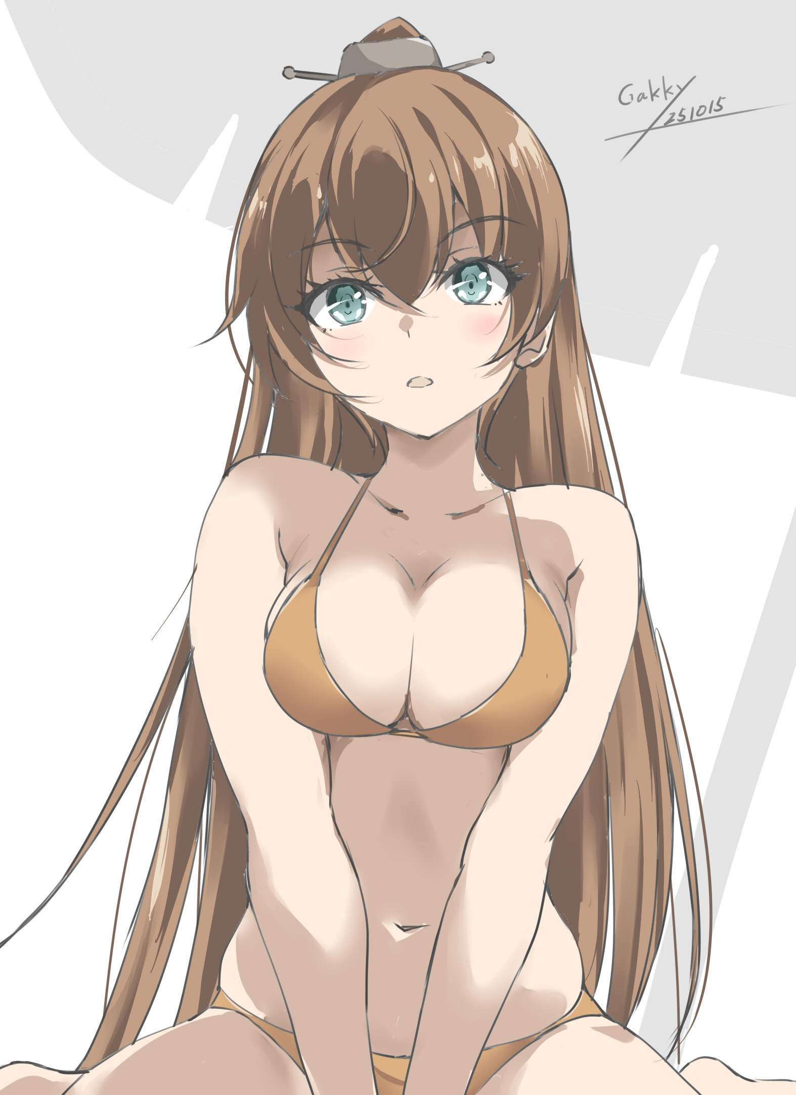 gakky, kumano (kancolle), kantai collection, highres, 1girl, artist name, bikini, blue eyes, breasts, brown bikini, brown hair, collarbone, dated, hair ornament, long hair, looking at viewer, medium breasts, navel, open mouth, ponytail, sitting, smile, solo, swimsuit, upper body, wariza