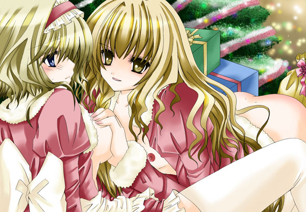 nanase nao, alice margatroid, kirisame marisa, touhou, bad id, bad pixiv id, 2girls, blonde hair, blue eyes, bottomless, breasts, christmas tree, female focus, gift, grabbing another's breast, groping, hairband, long hair, multiple girls, nipples, open clothes, open shirt, shirt, short hair, yellow eyes, yuri