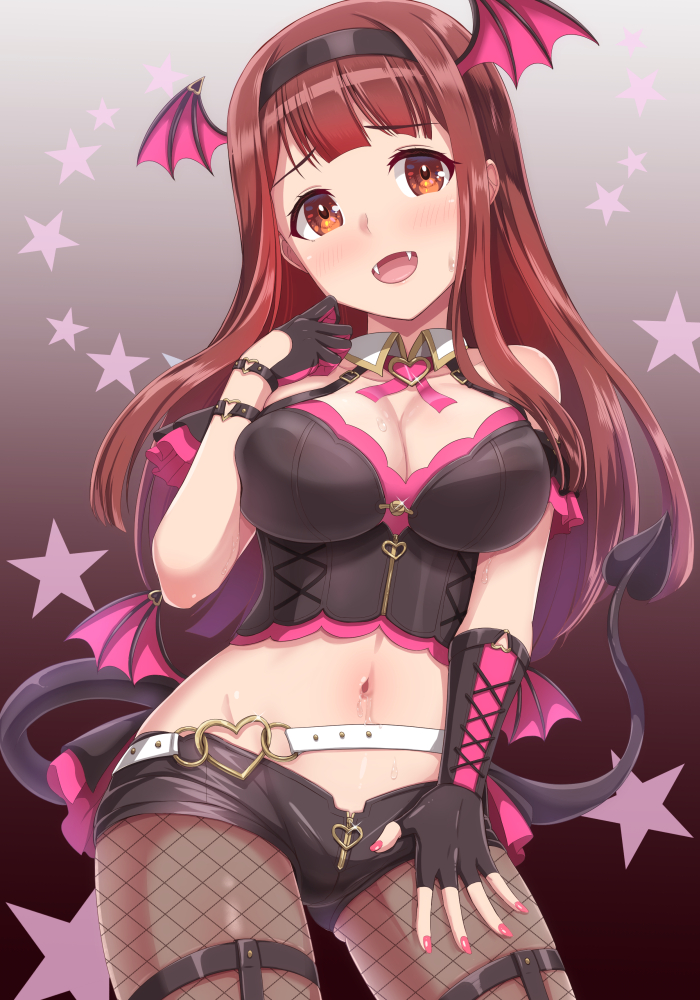 dan (orange train), tanaka kotoha, idolmaster, idolmaster million live!, idolmaster million live! theater days, 1girl, asymmetrical gloves, belt, black hairband, black shoes, blush, breasts, brown eyes, cleavage, cowboy shot, demon tail, demon wings, fang, fingerless gloves, fingernails, fishnet pantyhose, fishnets, gloves, hairband, hand up, head wings, large breasts, long hair, low wings, midriff, monster! devil (idolmaster), nail polish, navel, official alternate costume, open mouth, pantyhose, pink nails, red hair, shoes, short shorts, shorts, solo, standing, tail, uneven gloves, white belt, wings