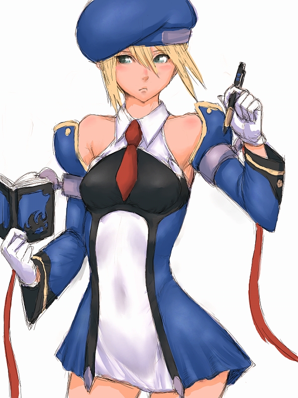 fumio (rsqkr), noel vermillion, arc system works, blazblue, 1girl, bare shoulders, blonde hair, book, female focus, green eyes, hat, necktie, pen, short hair, simple background, solo