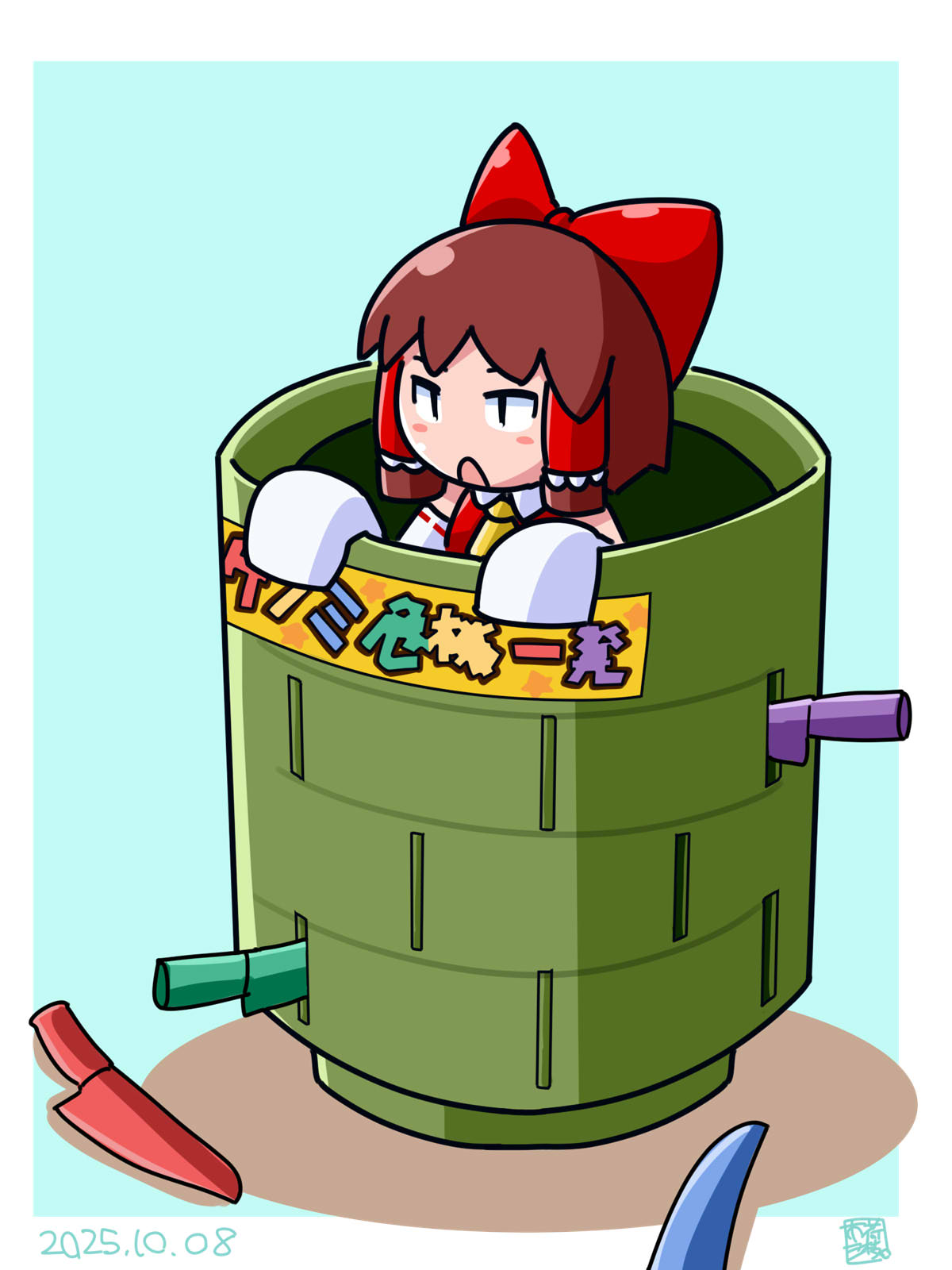 itini-sanshi, hakurei reimu, sakenomi (cookie), cookie (touhou), touhou, commentary request, highres, 1girl, black eyes, blue background, bow, brown hair, cup, dated, detached sleeves, frilled hair tubes, frills, hair bow, hair tubes, in container, knife, open mouth, pop-up pirate, red bow, ribbon-trimmed sleeves, ribbon trim, short hair, solo, upper body, white sleeves, yunomi