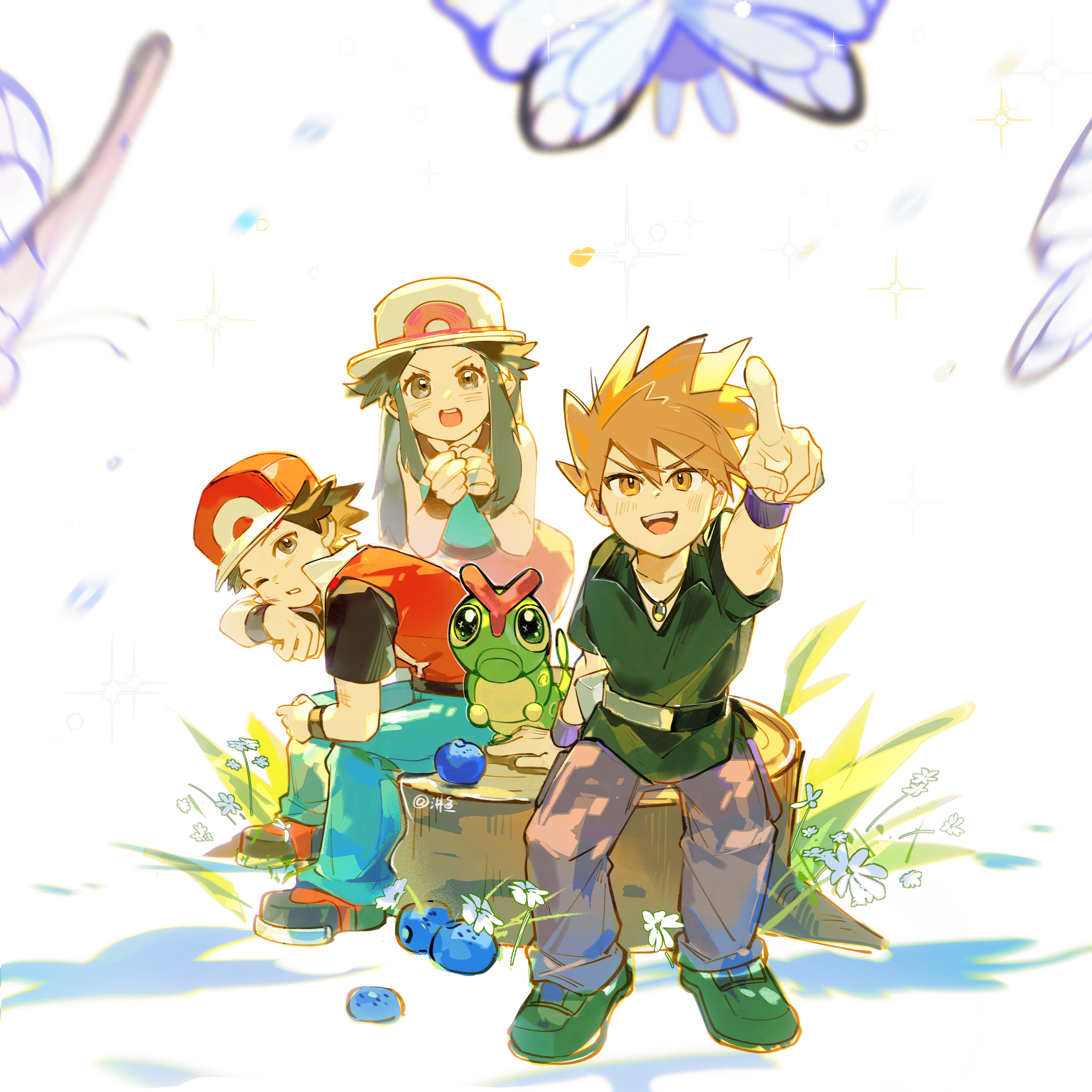 fiy1827565, blue oak, butterfree, caterpie, leaf (pokemon), red (pokemon), nintendo, pokemon, pokemon frlg, absurdres, highres, 1girl, 2boys, baseball cap, berry (pokemon), black shirt, blue pants, blue shirt, blush, breasts, brown eyes, brown hair, bucket hat, bug, butterfly, flower, gen 1 pokemon, grass, hat, insect, insect wings, jacket, long hair, multiple boys, on tree stump, one eye closed, open mouth, oran berry, outdoors, pants, parted lips, pokemon (creature), porkpie hat, purple pants, red hat, red skirt, shirt, shoes, short hair, short sleeves, sitting, skirt, sleeveless, sleeveless shirt, smile, spiked hair, teeth, tree stump, upper teeth only, white hat, wings, wristband