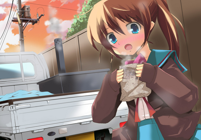 kurozatou, kyonko, suzumiya haruhi no yuuutsu, md5 mismatch, resolution mismatch, source larger, 00s, 1girl, blue eyes, blush, brown hair, cardigan, dutch angle, female focus, food, genderswap, genderswap (mtf), kei truck, long hair, motor vehicle, newspaper, pickup truck, ponytail, roasted sweet potato, school uniform, serafuku, solo, steam, sweet potato, truck