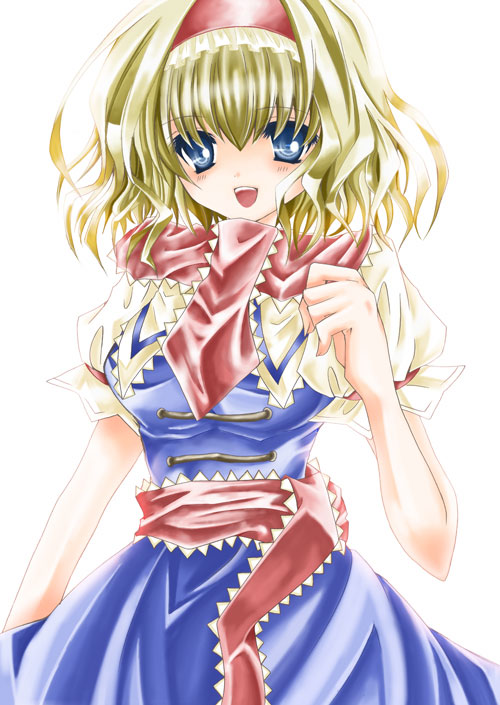nanase nao, alice margatroid, touhou, bad id, bad pixiv id, 1girl, blonde hair, blue eyes, female focus, hairband, short hair, simple background, solo, standing, white background