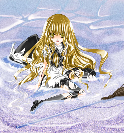nanase nao, kirisame marisa, touhou, bad id, bad pixiv id, 1girl, blonde hair, broom, fallen down, female focus, full body, hat, long hair, solo, thighhighs, torn clothes, torn thighhighs, witch, witch hat, yellow eyes