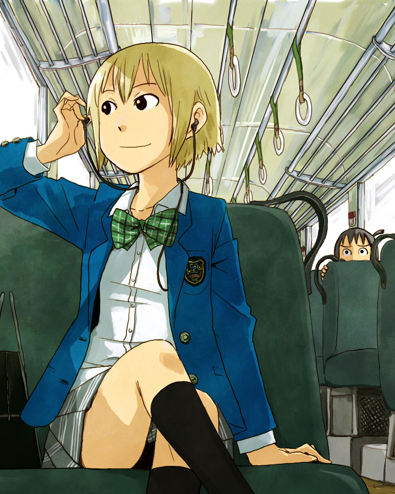 naotan, arashiyama hotori, kon futaba, soredemo machi wa mawatteiru, blonde hair, crossed legs, earbuds, earphones, school uniform, short hair, sitting, skirt, smile, socks