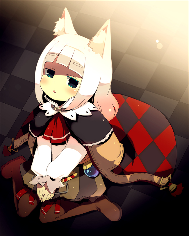 kl (dgzonbi), ikurakun (7th dragon), mage (7th dragon), 7th dragon, 7th dragon (series), 1girl, :<, animal ears, blue eyes, blush, female focus, kneeling, long hair, solo, the seventh dragon, triangle mouth, white hair
