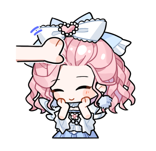 momo (nikki), infinity nikki, nikki (series), artist request, official art, 1girl, ^ ^, angel wings, animal hands, blue bow, blue choker, blue dress, blush stickers, bow, chibi, choker, closed eyes, closed mouth, cloud reverie (infinity nikki), cropped legs, dress, drill hair, earrings, fake wings, frilled bow, frilled choker, frilled sleeves, frills, hair bow, hair ornament, hands on own cheeks, hands on own face, happy, headpat, heart, heart hair ornament, jewelry, lace-trimmed bow, lace trim, large bow, long sleeves, medium hair, motion lines, pink hair, pleated dress, pom pom (clothes), pom pom earrings, sidelocks, smile, solo focus, transparent background, two-tone bow, white bow, white sleeves, white wings, wide sleeves, wings