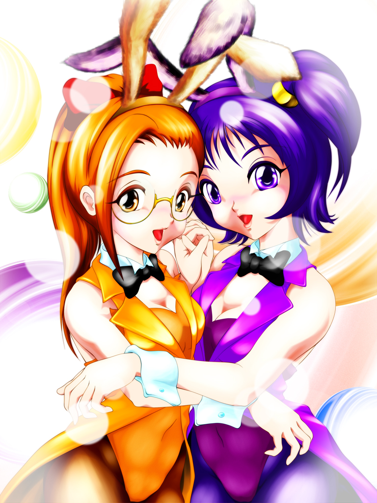 aoi minatsuki, fujiwara hazuki, segawa onpu, ojamajo doremi, 2girls, aged up, animal ears, breast press, breasts, brown hair, fake animal ears, glasses, hug, long hair, multiple girls, orange eyes, orange hair, pantyhose, playboy bunny, ponytail, purple eyes, purple hair, rabbit ears, short hair, side ponytail, small breasts, symmetrical docking, vest
