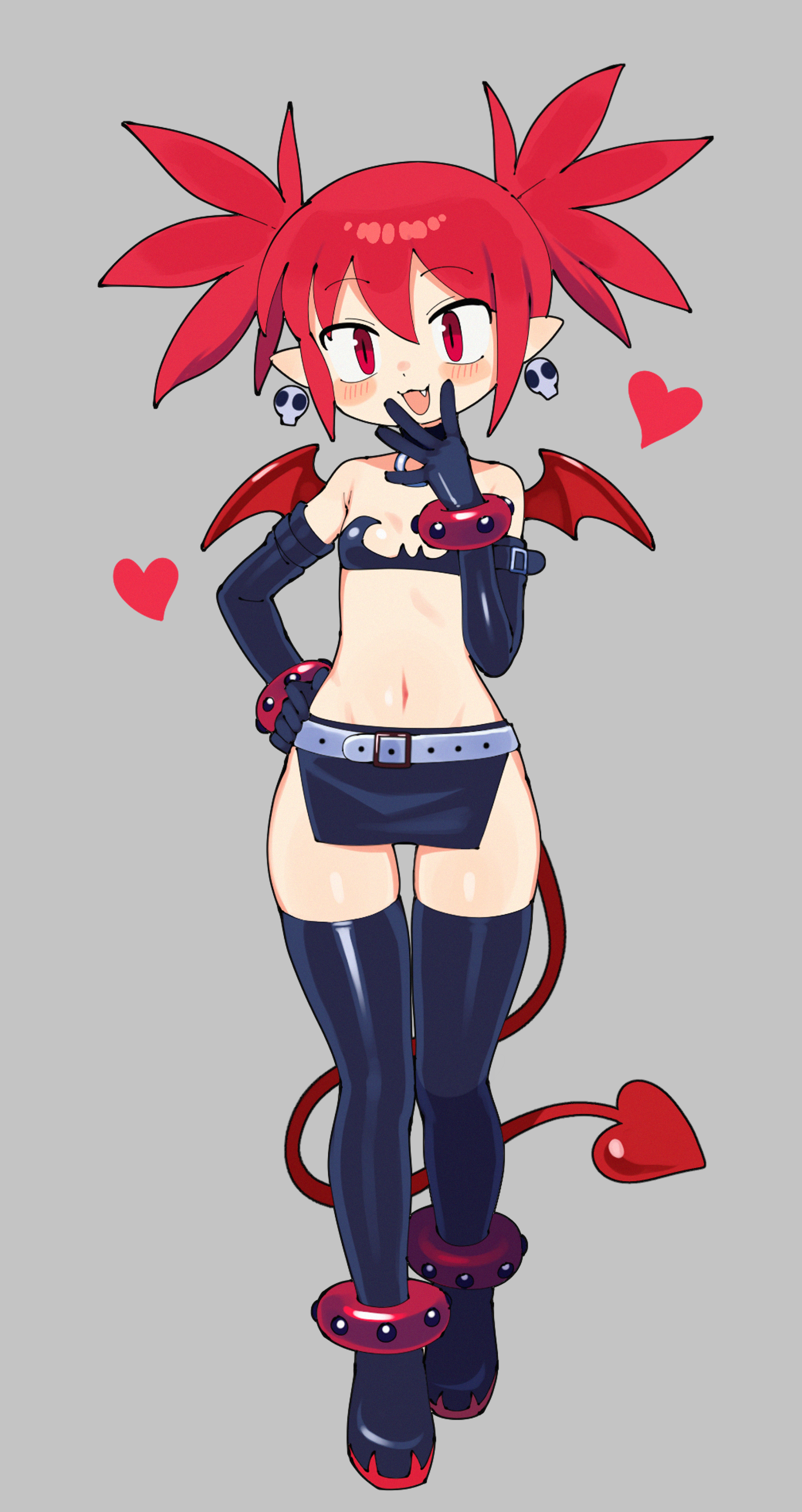 batrobin k, etna (disgaea), disgaea, absurdres, highres, 1girl, :3, anklet, bandeau, bare shoulders, belt, black bandeau, black boots, black gloves, black skirt, blush, boots, bracelet, breasts, demon girl, demon tail, demon wings, dot nose, earrings, elbow gloves, fang, full body, gloves, grey background, groin, hair between eyes, heart, jewelry, looking at viewer, miniskirt, multicolored boots, navel, open mouth, pointy ears, red boots, red eyes, red hair, short hair, short twintails, side slit, sidelocks, simple background, skindentation, skirt, skull earrings, small breasts, smile, solo, standing, straight hair, tail, thigh boots, thighhighs, tsurime, twintails, two-tone boots, white belt, wings, zettai ryouiki