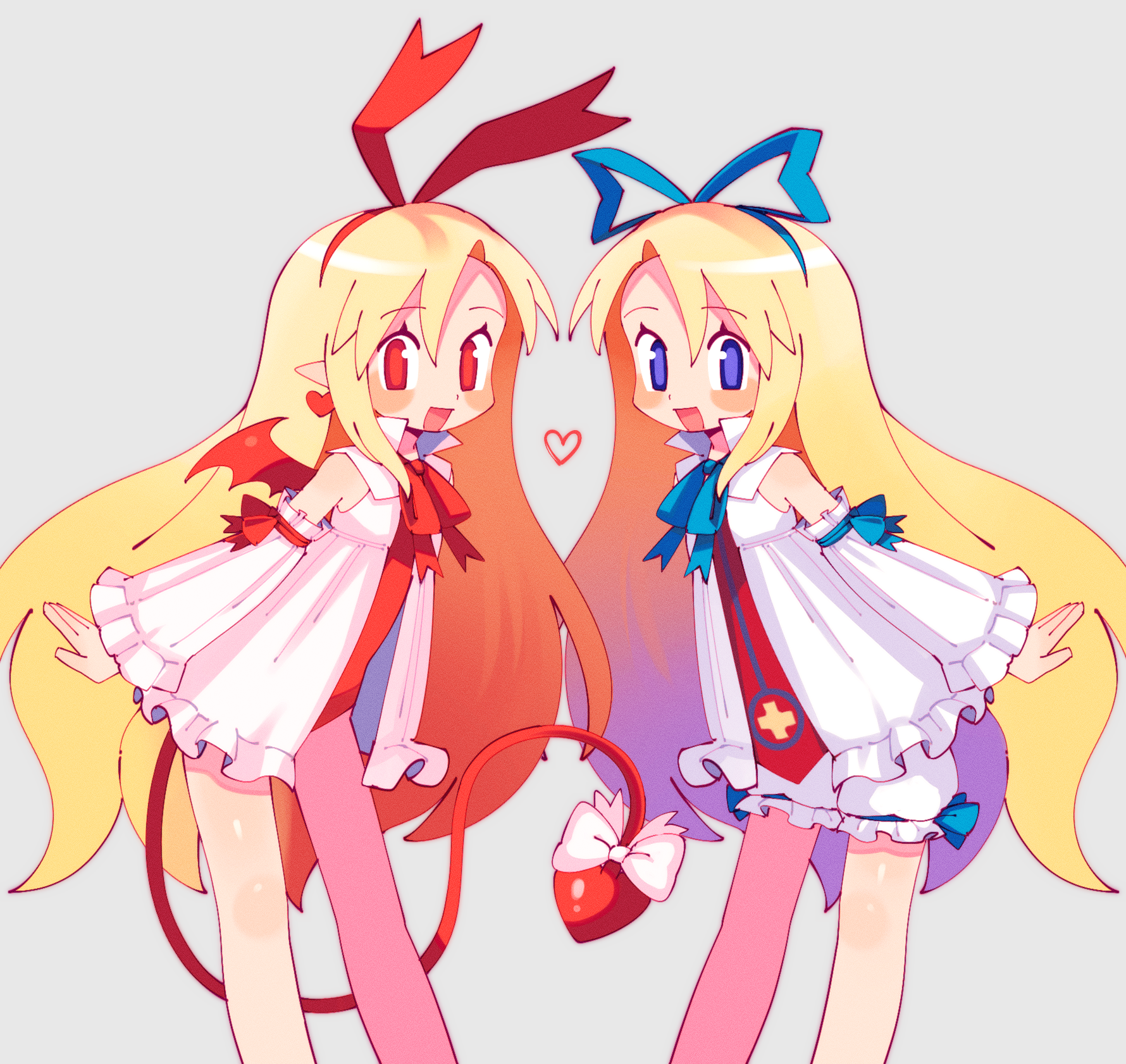 batrobin k, flonne, flonne (fallen angel), disgaea, makai senki disgaea, highres, 2girls, blue eyes, blush, bow, demon tail, demon wings, dress, dual persona, flat chest, hairband, heart, leotard, long hair, looking at viewer, multiple girls, open mouth, pointy ears, red eyes, red leotard, shorts, smile, tail, tail bow, tail ornament, very long hair, white dress, wings