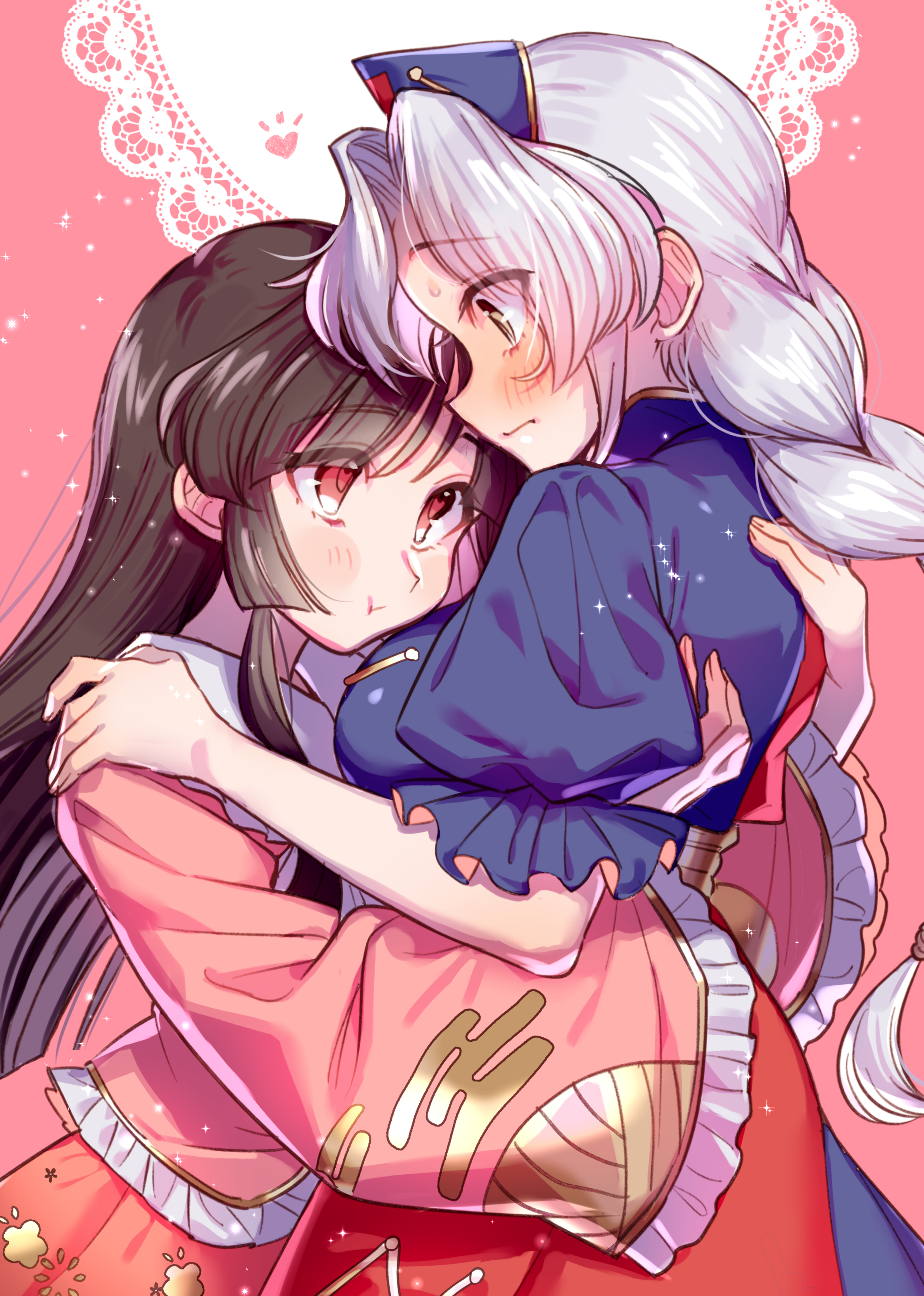 masanaga (tsukasa), houraisan kaguya, yagokoro eirin, touhou, absurdres, commentary request, highres, 2girls, black hair, blue hat, blush, breasts, closed mouth, cowboy shot, doily, dress, frilled sleeves, frills, grey hair, hand on another's shoulder, hands on another's back, hat, hug, long sleeves, medium breasts, multiple girls, nurse cap, pink background, pink shirt, puffy short sleeves, puffy sleeves, red dress, red eyes, red skirt, shirt, short sleeves, skirt, two-tone dress, yuri