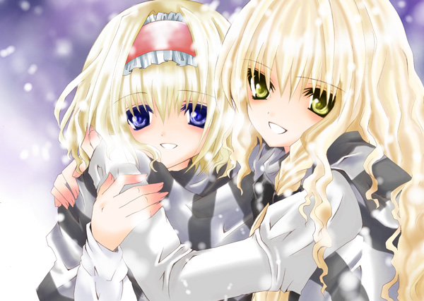 nanase nao, alice margatroid, kirisame marisa, perfect cherry blossom, touhou, bad id, bad pixiv id, 2girls, blonde hair, blue eyes, braid, female focus, hairband, hug, long hair, multiple girls, scarf, shared clothes, shared scarf, short hair, snow, yellow eyes, yuri