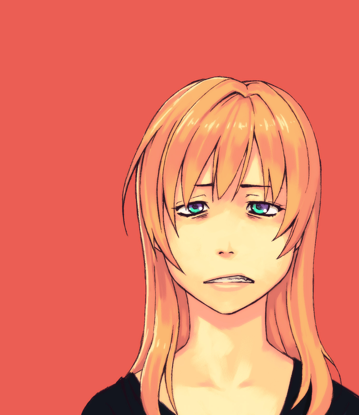 yuuji (and), mustard seeds, original, highres, 1girl, androgynous, annoyed, aqua eyes, blonde hair, blue eyes, female focus, long hair, orange hair, pink background, simple background, solo