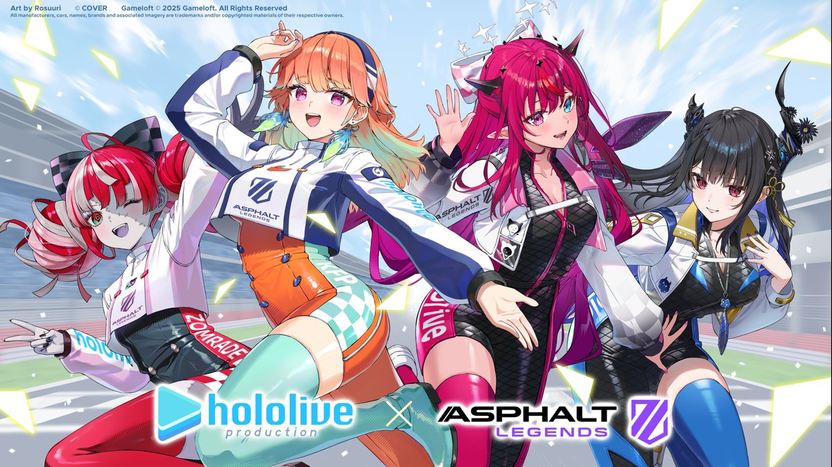 irys (hololive), irys (irys 2.0) (hololive), kureiji ollie, nerissa ravencroft, takanashi kiara, hololive, hololive english, hololive indonesia, official art, 4girls, black hair, breasts, checkered clothes, double bun, hair bun, jacket, large breasts, long hair, looking at viewer, multiple girls, nail polish, official alternate costume, one eye closed, open clothes, open jacket, orange hair, racetrack, racing suit, red hair, thighhighs, very long hair, zettai ryouiki, zombie