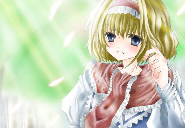 nanase nao, alice margatroid, touhou, bad id, bad pixiv id, 1girl, blonde hair, blue eyes, female focus, hairband, short hair, solo, upper body