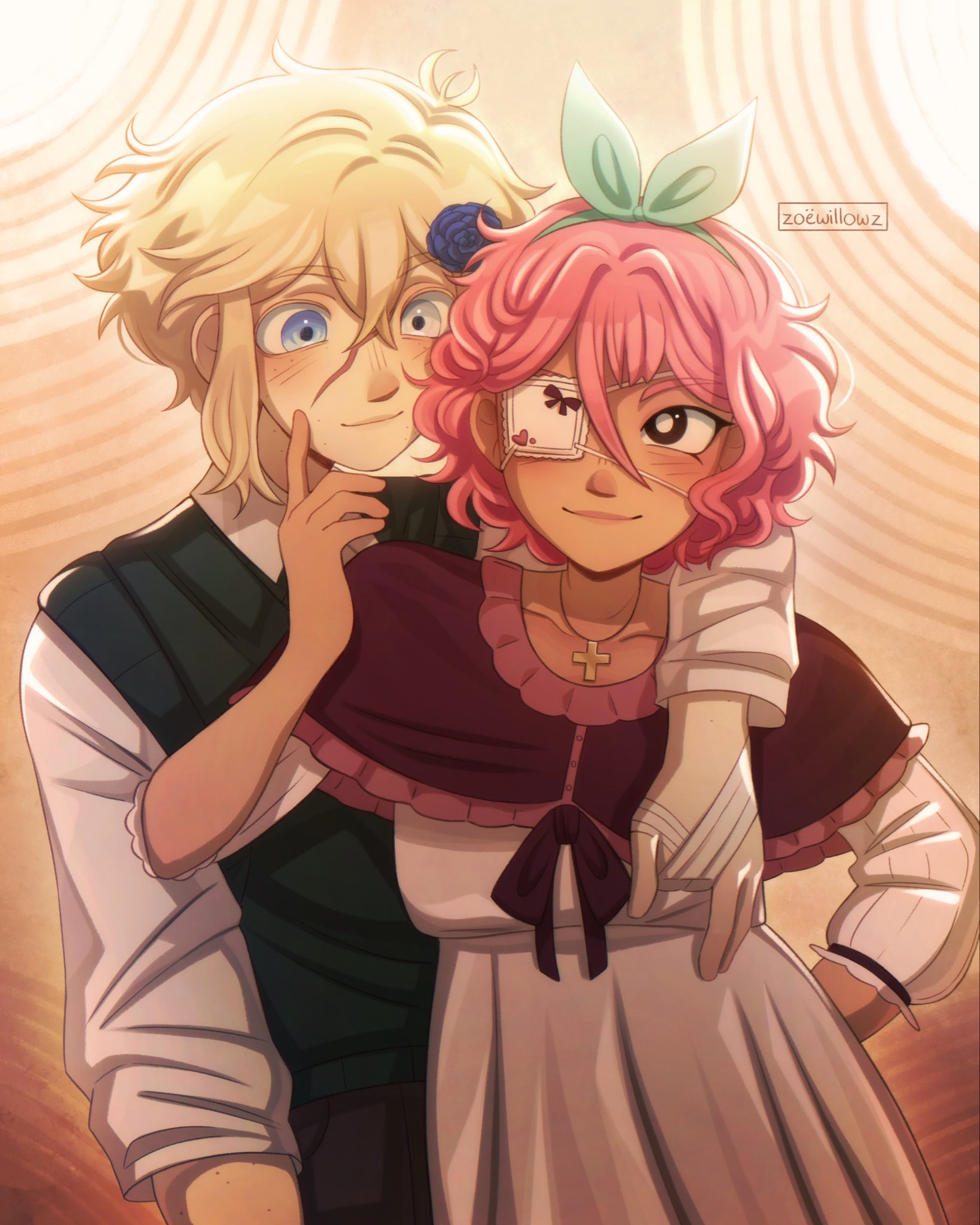 aubrey (faraway) (omori), aubrey (omori), basil (faraway) (omori), basil (omori), omori, highres, 1boy, 1girl, alternate costume, alternate hair length, alternate hairstyle, alternate sleeve length, alternate universe, antenna hair, artist name, black eyes, blonde hair, blue eyes, blue hairband, blush, breasts, bright pupils, closed mouth, collarbone, collared shirt, cross, cross necklace, eyepatch, flower, freckles, green sweater vest, hair flower, hair ornament, hairband, jewelry, long sleeves, looking at another, necklace, pink hair, scar, scar on face, shirt, short hair, sidelocks, small breasts, smile, sweater vest, white pupils, white shirt, zoewillowz