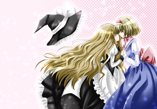 nanase nao, alice margatroid, kirisame marisa, touhou, bad id, bad pixiv id, 2girls, blonde hair, closed eyes, female focus, hairband, hat, kiss, long hair, multiple girls, short hair, witch hat, yuri