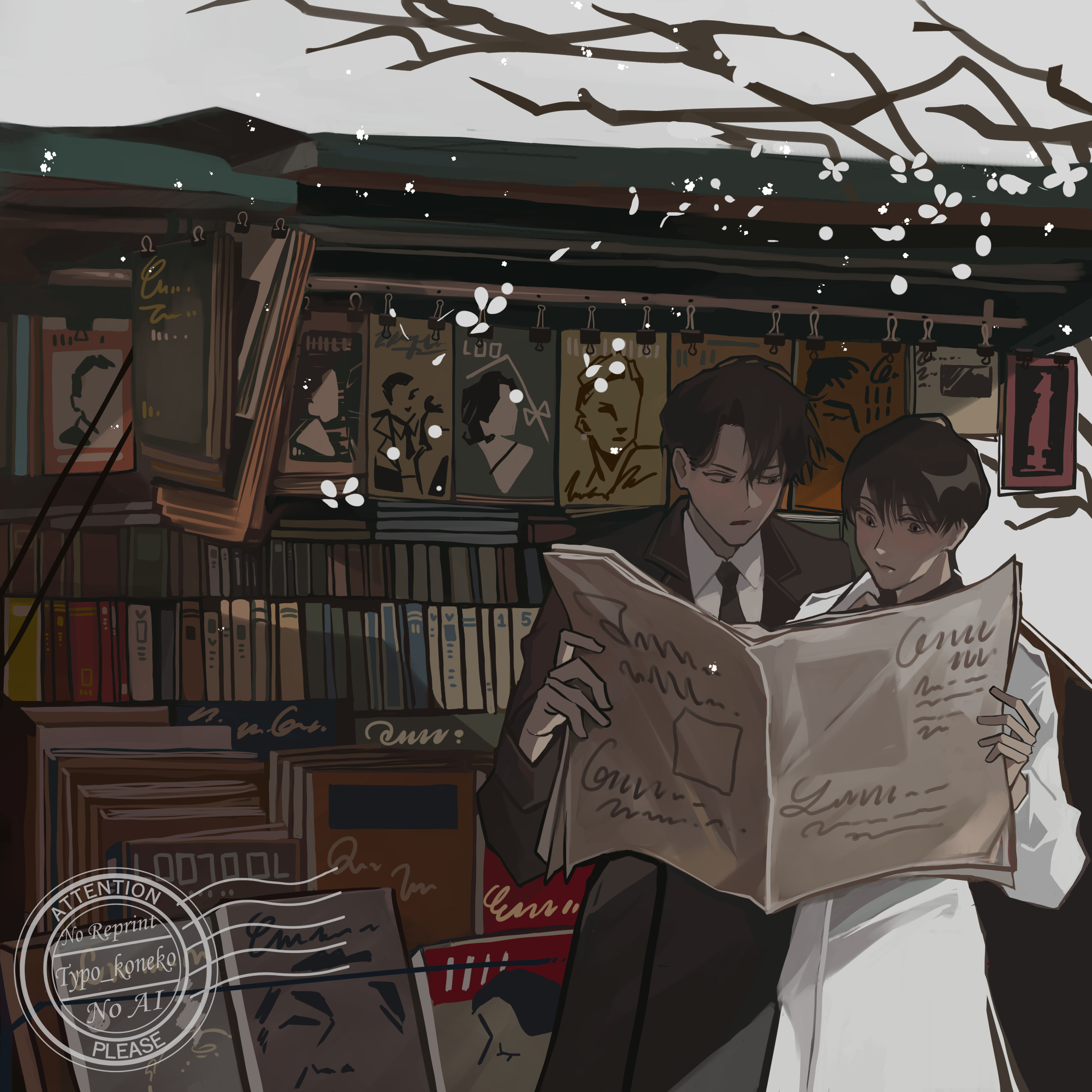typo koneko, kim dokja, yoo joonghyuk, omniscient reader's viewpoint, absurdres, highres, 2boys, bare tree, black coat, black eyes, black hair, black necktie, book, book stand, branch, coat, collared shirt, cowboy shot, falling petals, holding, holding newspaper, male focus, multiple boys, necktie, newspaper, outdoors, petals, poster (object), reading, shirt, short hair, too many, too many books, tree, white coat, white shirt