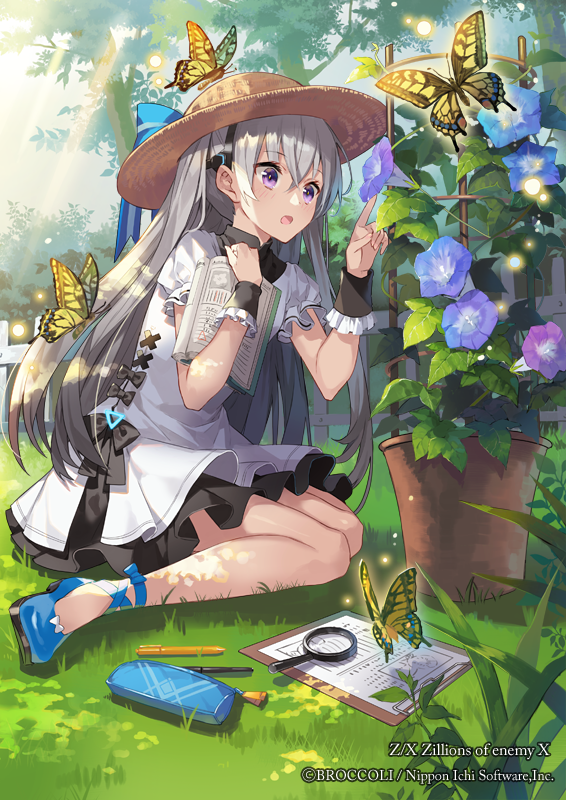 eihi, z/x, official art, 1girl, black bow, blue shoes, book, bow, bug, butterfly, copyright notice, dress, dress bow, flower, flower pot, grey hair, hair ornament, hat, holding, holding book, insect, long hair, magnifying glass, morning glory, nu (z/x), open mouth, outdoors, paper, pencil, pencil case, purple eyes, shoes, sitting, straw hat, wariza, white dress