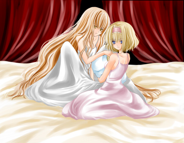 nanase nao, alice margatroid, kirisame marisa, touhou, bad id, bad pixiv id, 2girls, bed, blonde hair, blue eyes, female focus, hairband, hugging object, long hair, multiple girls, pillow, pillow hug, short hair, very long hair, yellow eyes
