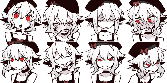 akableak, 1girl, :o, :p, averting eyes, beret, black choker, black dress, blush, choker, closed mouth, collarbone, d:, dress, embarrassed, fang, full-face blush, hat, looking at viewer, multiple expressions, nose blush, open mouth, pointy ears, portrait, pout, red hair, short hair with long locks, smile, smug, sprite sheet, sweatdrop, tongue, tongue out, transparent background, tri fold tale, white hair